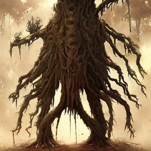 Image similar to a corpse in the shape of an ent, by greg rutkowski, trending on art station, highly detailed, magic the gathering, matte painting