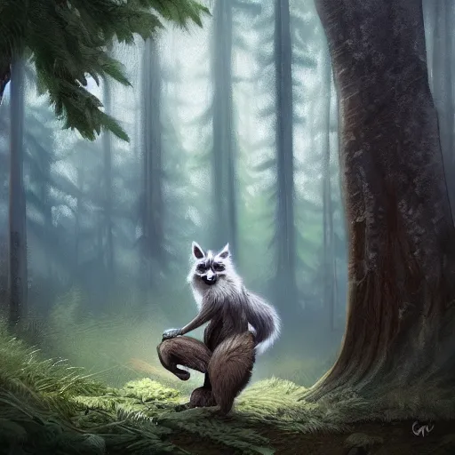 Image similar to a woodland druid in a forest with a wolf bird and racoon, photorealistic, in the style of greg rutkowski, digital painting