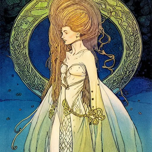 Image similar to a beautiful portrait of sanna!!!!! marin!!!!!, the young female prime minister of finland as a druidic wizard by rebecca guay, michael kaluta, charles vess and jean moebius giraud