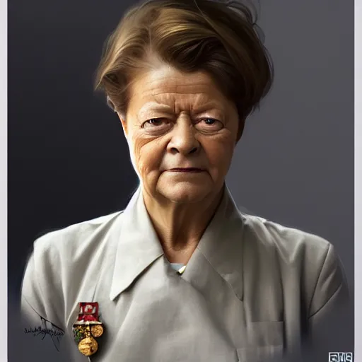 Prompt: hyperrealistic portrait of gro harlem brundtland, highly decorated uniform, highly detailed, hyperrealistic, digital painting, artstation, concept art, smooth, sharp focus, illustration, cinematic lighting, art by artgerm and greg rutkowski and alphonse mucha