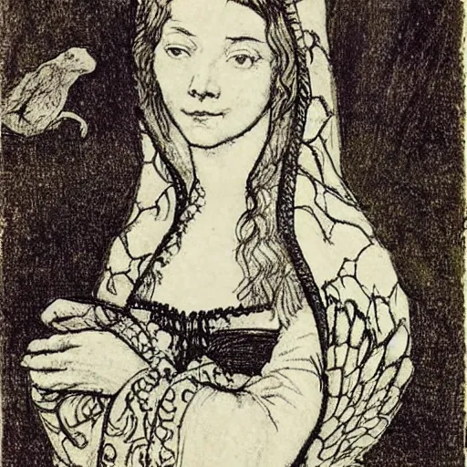 Image similar to Anne Boleyn growing bird wings and a beak, she is sad, style of Arthur Rackham