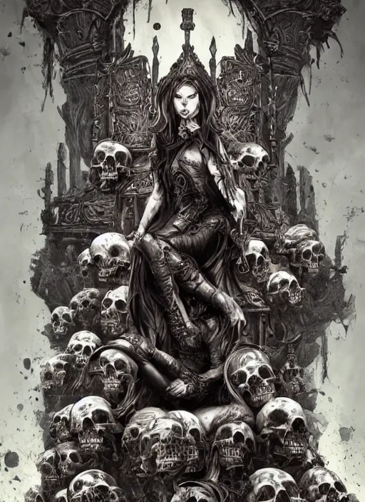 Prompt: the ruined queen sitting on a throne made of skulls, concept art, digital illustration, trending on artstation, deviantart, artgerm, epic composition, masterpiece, highly detailed, perfect face, realistic face, wlop, ross draws