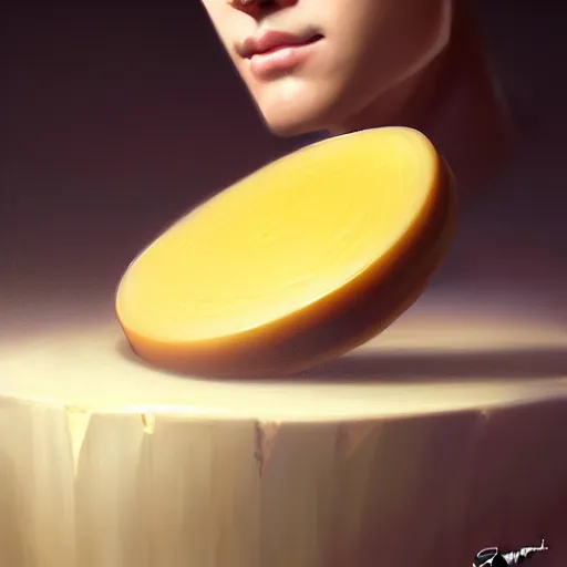 Image similar to a beautiful portrait painting of a gouda cheese wheel by shinji aramaki, charlie bowater, ross tran, artgerm, and makoto shinkai