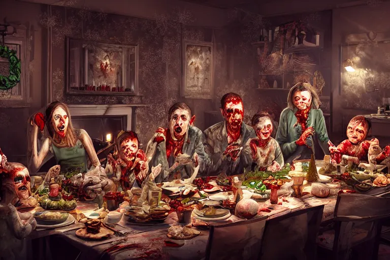 Prompt: a zombie family christmas dinner, hyper realistic, ambient lighting, concept art, intricate, hyper detailed, smooth, dynamic volumetric lighting, octane, cinematic