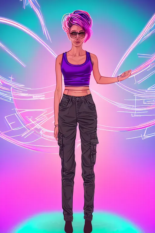 Image similar to a award winning half body portrait of a beautiful woman in a croptop and cargo pants with ombre purple pink teal hairstyle and hands in pockets by ari liloan, surrounded by whirling illuminated lines, outrun, vaporware, shaded flat illustration, digital art, trending on artstation, highly detailed, fine detail, intricate