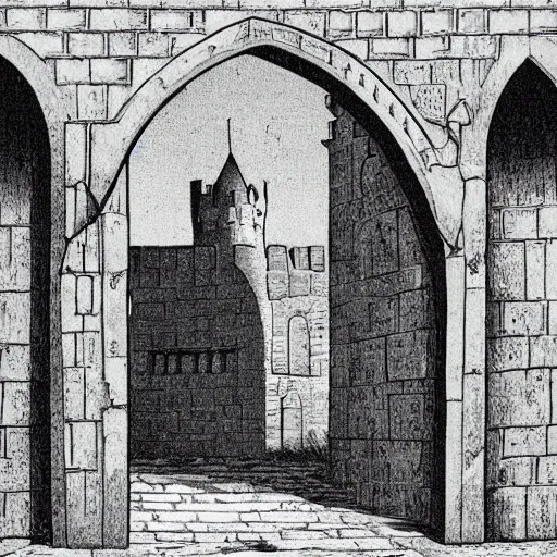 Prompt: a hooded figure at the gate of a decrepit medieval castle, extremely detailed, Behrens style