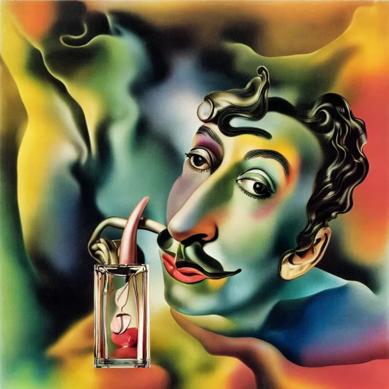 Prompt: portrait fragrance packshot by salvador dali, highly detailed, vibrant colors,