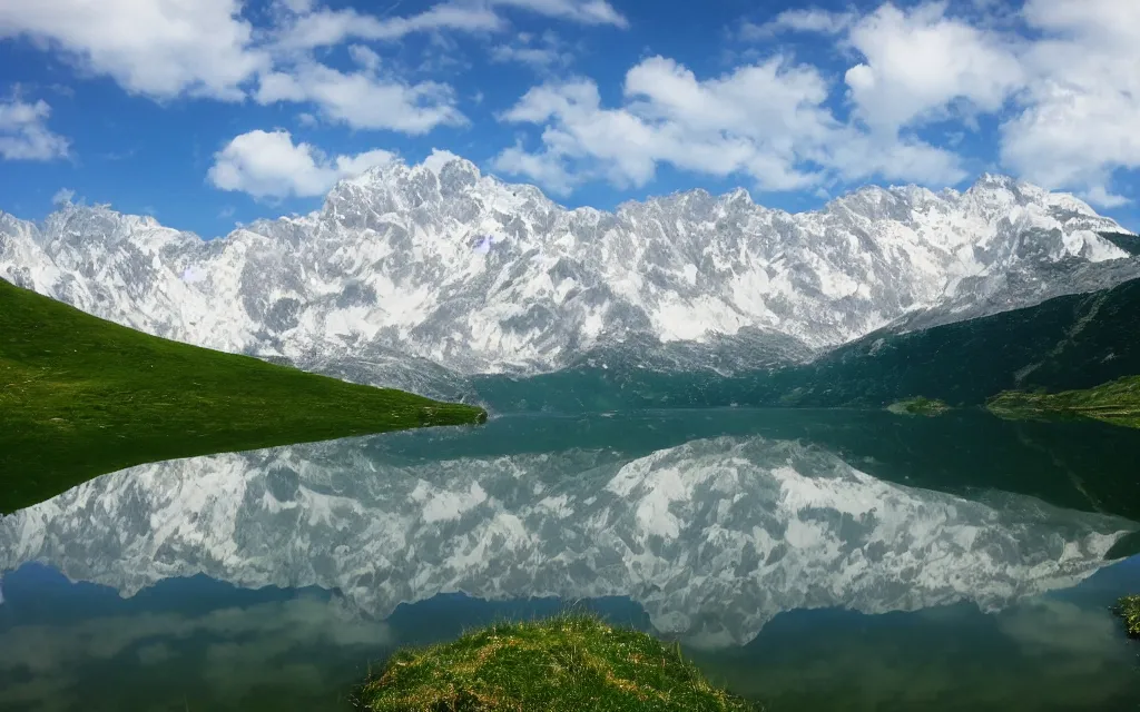 Image similar to the alps and reflection in a lake in the style of georgia o keefe