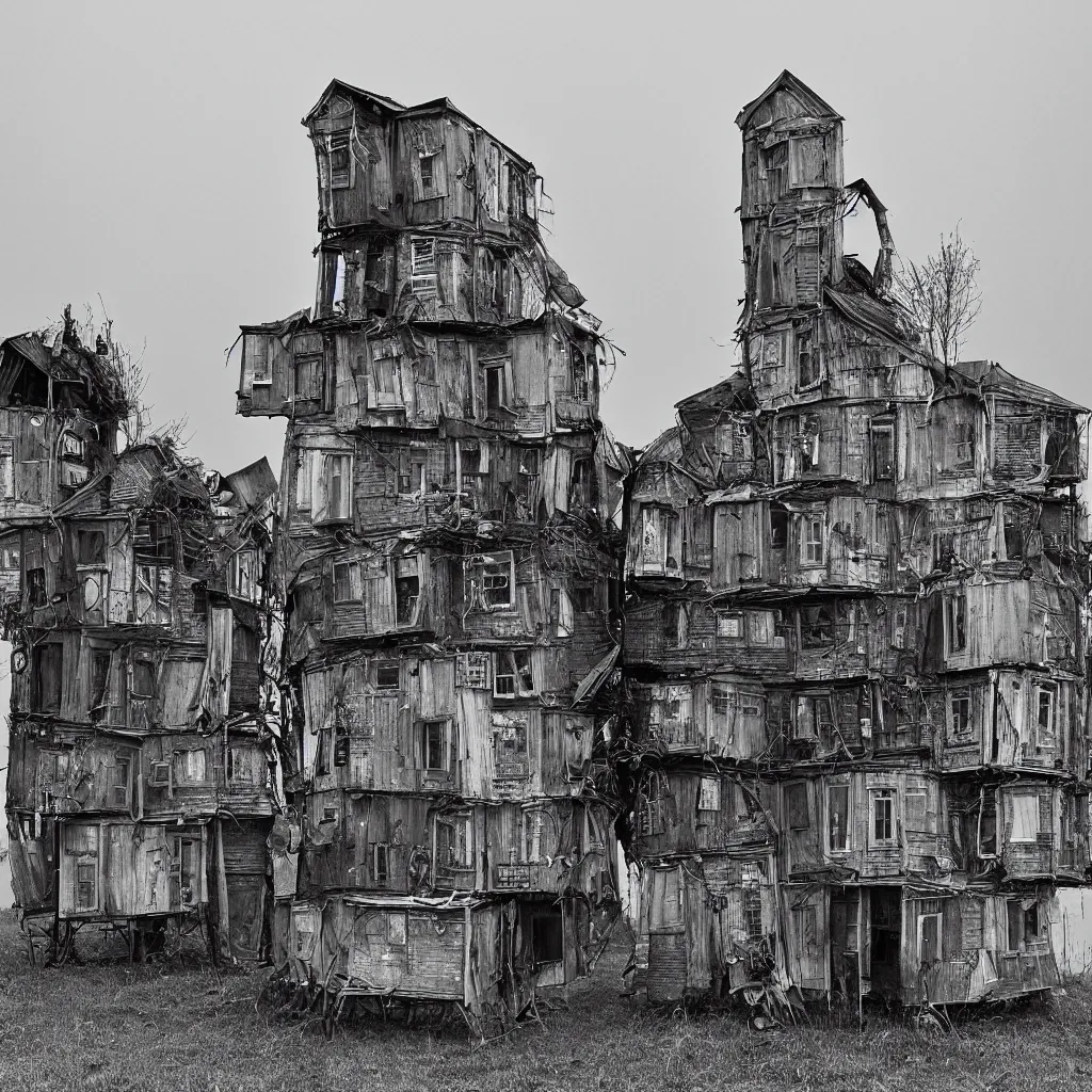 Image similar to two towers, made up of makeshift squatter shacks, misty, dystopia, mamiya rb 6 7, fully frontal view, very detailed, digital glitches, photographed by jeanette hagglund