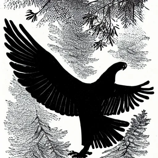 Image similar to drawing of a black eagle flying over a forest