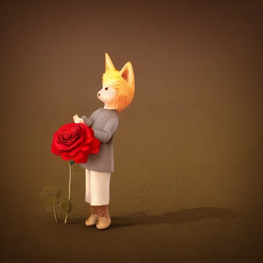 Image similar to the little prince holding a red rose and standing with a fox illustration, bokeh, octane render, award winning