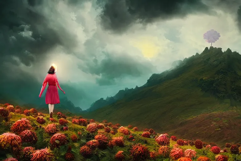 Image similar to giant dahlia flower head, girl walking on mountain, surreal photography, storm clouds, dramatic light, impressionist painting, digital painting, artstation, simon stalenhag