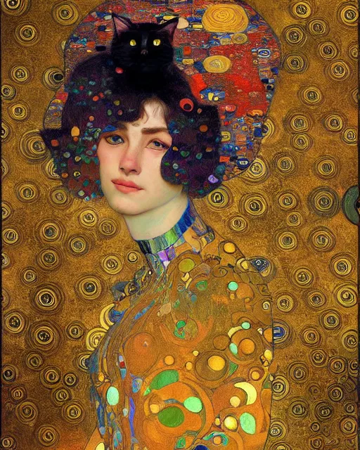 Prompt: cat meditation portrait an oil painting splashes with many colors and shapes by gustav klimt greg rutkowski and alphonse mucha, polycount, generative art, psychedelic, fractalism, glitch art