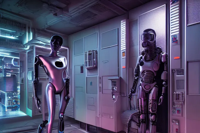 Prompt: hyperrealism stock photography of highly detailed stylish humanoid robot in sci - fi cyberpunk style by gragory crewdson and vincent di fate with many details by josan gonzalez working in the highly detailed data center by mike winkelmann and laurie greasley hyperrealism photo on dsmc 3 system rendered in blender and octane render