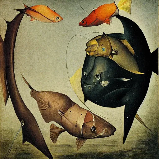 Image similar to two fishes talking to eachother in deep sea, art by hieronymus bosch