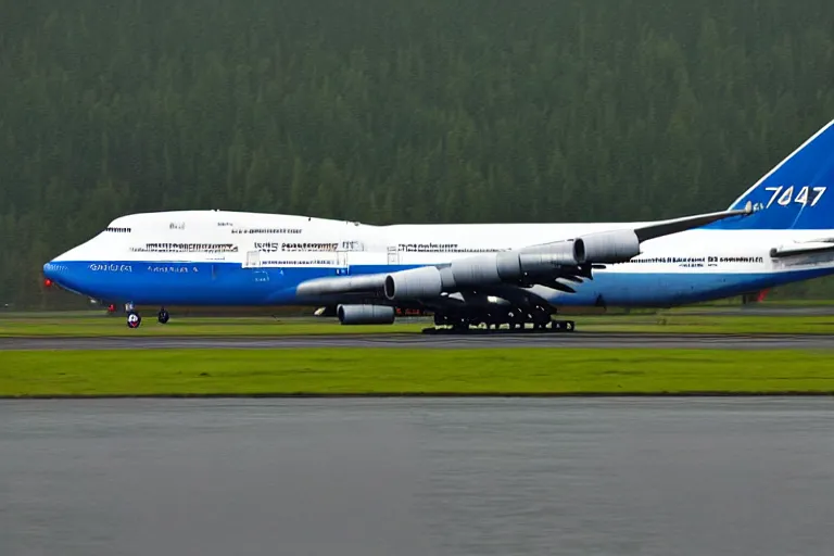 Image similar to detailed photo a boeing 7 4 7 landing at a 4 5 degree angle, on a runway in heavy rain and wind, photo from a spectator, 8 k, natural lighting