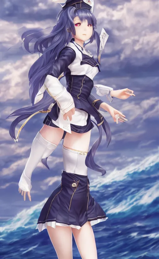 Prompt: full body, highly detailed, character art, octane, stunning, realistic lightning, realistic ocean, characters from azur lane, matte, sharp focus, intricate, 150mm, illustration, artstation, art by akio watanabe, realistic anatomy, smooth, female sailor uniforms