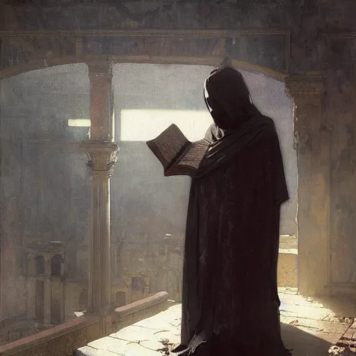 Image similar to half portait of magican wearing a closed cowl and big old book! chained to the wrist, jeremy mann, jean - leon gerome, tiepolo, alphonse mucha, greg rutkowski, face in the shadows, ( ( ruins of ancient rome ) ), at dusk, mysterious atmosphere, sunrays, dof, high detailed, 8 k