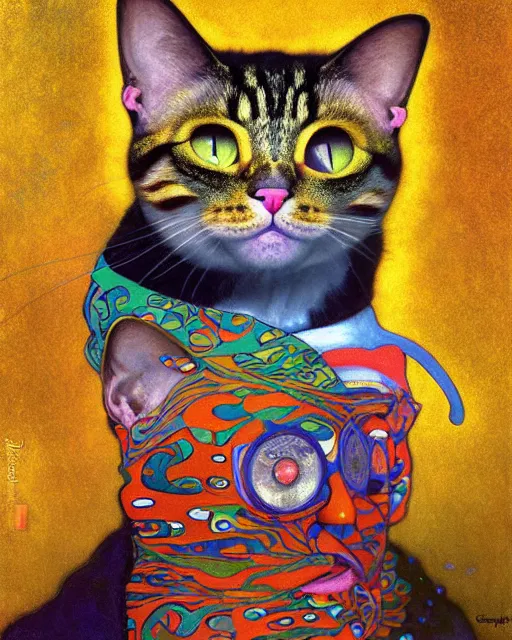 Prompt: clown cat portrait an oil painting splashes with many colors and shapes by gustav klimt greg rutkowski and alphonse mucha, polycount, generative art, psychedelic, fractalism, glitch art