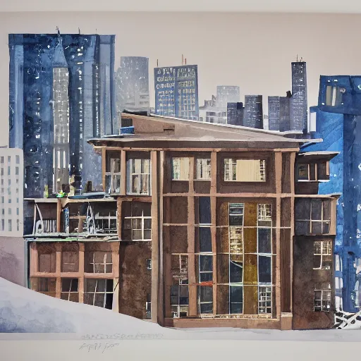 Prompt: modern loft overlooking central park in a blizzard, in watercolor gouache detailed paintings, moebius, blueprint, building, modular
