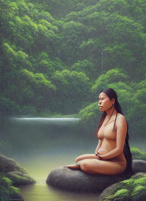 Image similar to a realistic painting of an indigenous woman meditating near a river in the amazon jungle, highly detailed, trending on devian art, art by christophe vacher