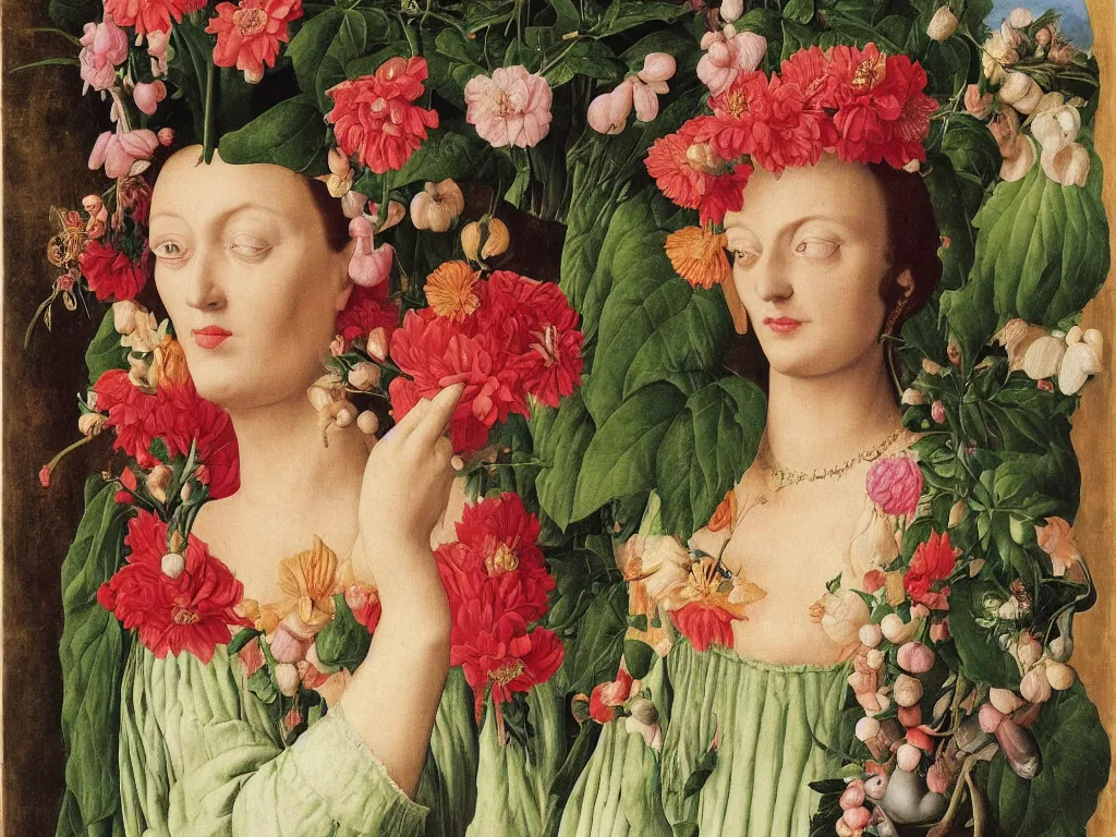 Image similar to Beautiful exotic flowers under her blouse, dress, close up. Painting by Jan van Eyck, Audubon, Maria Sybilla Merian, Rene Magritte, Agnes Pelton, Max Ernst, Walton Ford