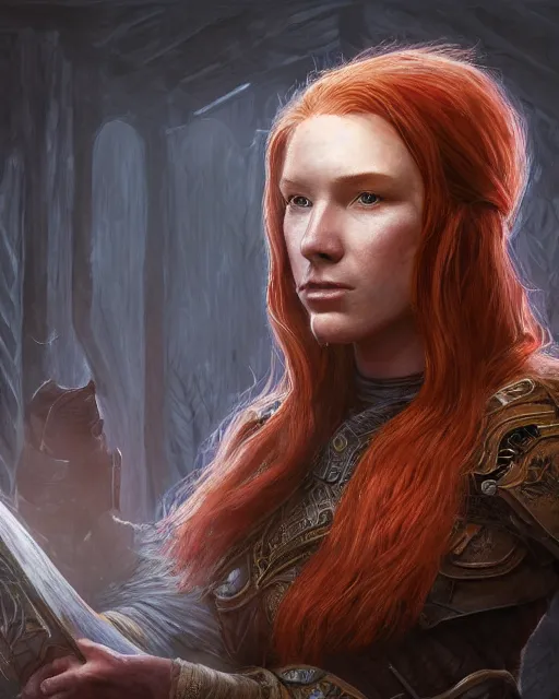 Image similar to the elder scrolls vi, charismatic beautiful rugged female redhead breton mage portrait, illustration, rim light, top light, perfectly shaded, epic, intricate, soft painting, by leesha hannigan, ross tran, thierry doizon, kai carpenter, ignacio fernandez rios