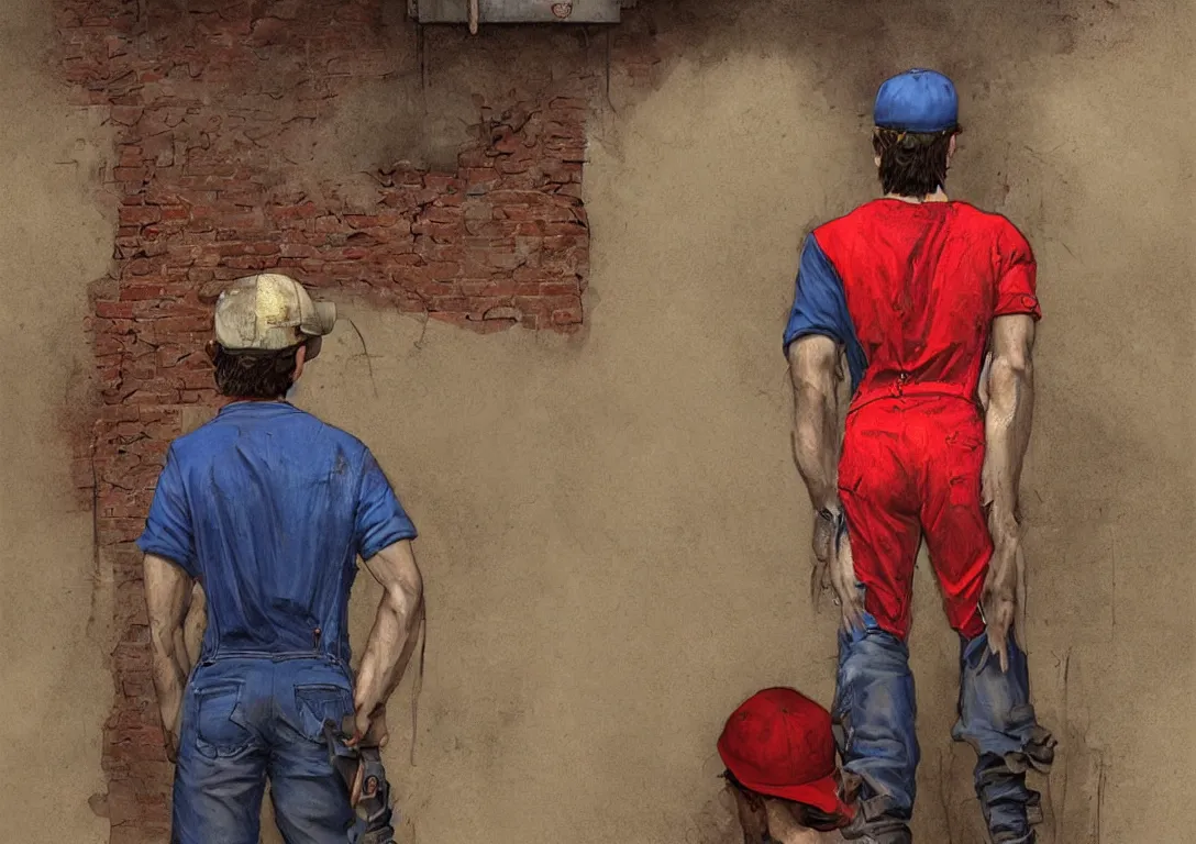 Prompt: italian man in blue overalls and red shirt with a red baseball cap and a big brown mustache with his back against a brick wall, dark mood, horror, silent hill, highly detailed, digital painting, artstation, illustration, art by artgerm and greg rutkowski and alphonse mucha and krenz cushart