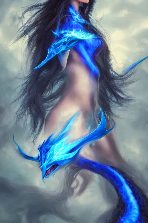 Image similar to blue flame Dragon princess, digital art, 8k ,character ,realistic, portrait, hyperrealistic