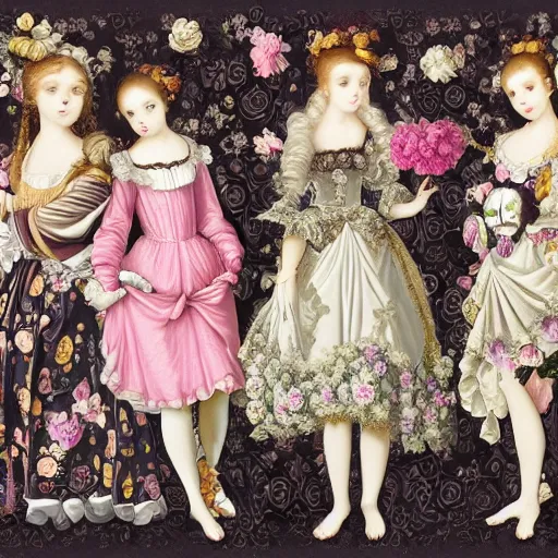 Prompt: 8k, realism, renaissance, rococo, baroque, group of creepy young ladies wearing renaissance long harajuku manga dress with flowers and skulls, background chaotic flowers