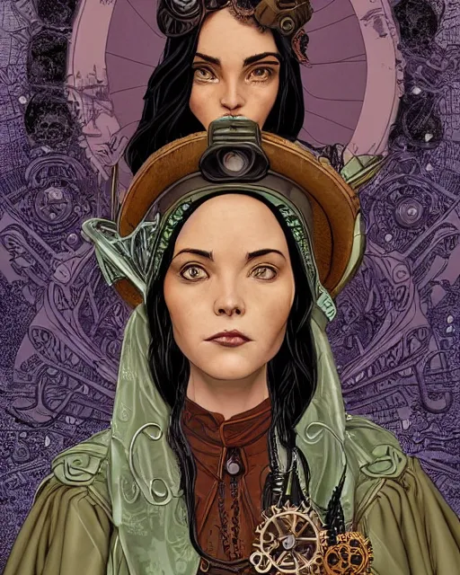 Image similar to a detailed portrait illustration of a steampunk wizard. attractive black asian female face, alluring expression. looks like christina ricci and winona ryder. art nouveau, pop art, comic book style. influenced by neil gaiman, h. p. lovecraft, dan mumford, brian froud, vadim voitekhovitch, killian eng, ross tran.