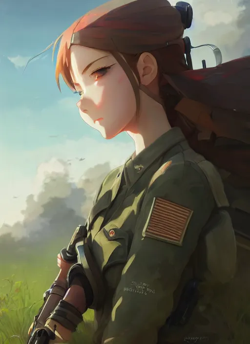 Image similar to portrait of cute soldier girl taking cover, cloudy sky background lush landscape illustration concept art anime key visual trending pixiv fanbox by wlop and greg rutkowski and makoto shinkai and studio ghibli and kyoto animation soldier clothing military gear realistic anatomy mechanized