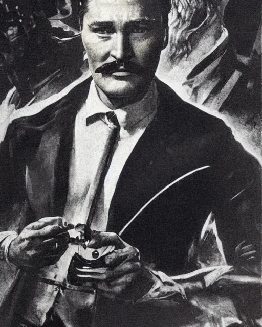 Image similar to Errol Flynn as a scientist. 1980s dystopian Soviet Russia, propaganda screens. Fantasy art by Greg Rutkowski, Gustave Courbet, Rosa Bonheur, Edward Hopper, Ilya Yefimovich Repin, Jean-François Millet, Andrew Newell Wyeth. Faithfully depicted facial expression, perfect anatomy, sharp focus, global illumination, radiant light, detailed and intricate environment, trending on ArtStation