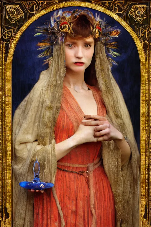 Image similar to portrait of the last queen of the dawn mountains with her lantern and regalia, by Annie Swynnerton and John Bauer and John William Godward and Donato Giancola and Vermeer, embroidered velvet, iridescent beetles, rich color, ornate headdress, flowing robes, lost runes, ancient civilizations, dramatic cinematic lighting, featured on Artstation, cgisociety, extremely detailed