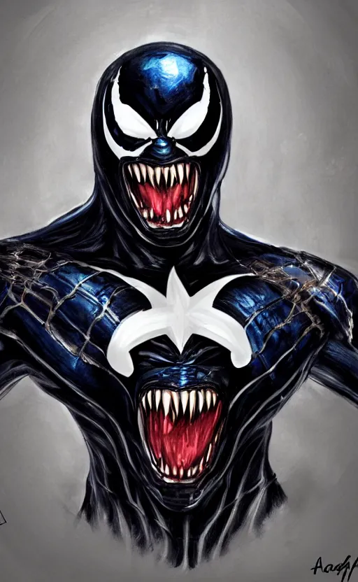 Image similar to full body portrait of venom as captain america, dynamic lighting, cinematic, ultra detailed, trending on art station, stunning visuals, creative, fantasy concept art