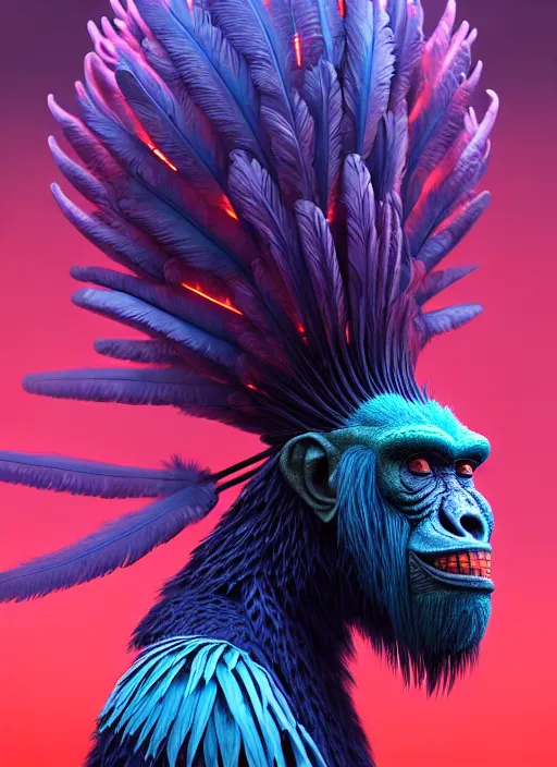 Prompt: 3 d ape shaman profile portrait, sigma 5 0 0 mm f / 5. beautiful intricate highly detailed quetzalcoatl head and feathers. bioluminescent, plasma, lava, ice, water, wind, creature, thunderstorm! artwork by tooth wu and wlop and beeple and greg rutkowski, 8 k trending on artstation,