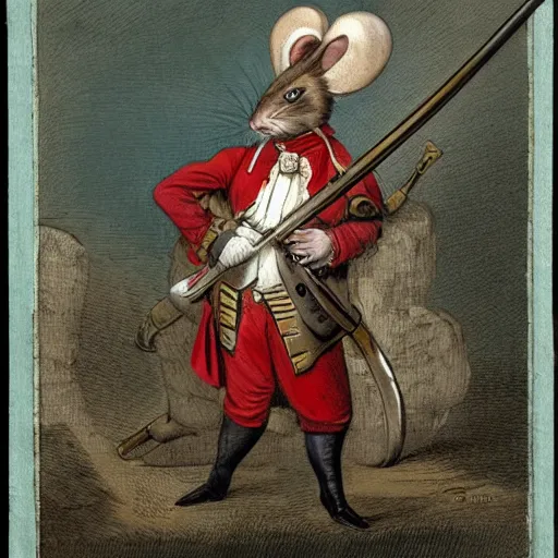 Image similar to Rat dressed in napoleonic war costume leaning on his musket.