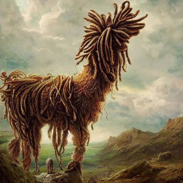 Prompt: llama with dreadlocks, by mandy jurgens, ernst haeckel, detmold, edward julius, james jean