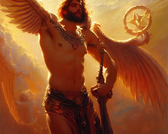 Image similar to attractive pagan male deity, summoning handsome lucifer morning star. highly detailed painting by gaston bussiere, craig mullins, j. c. leyendecker 8 k