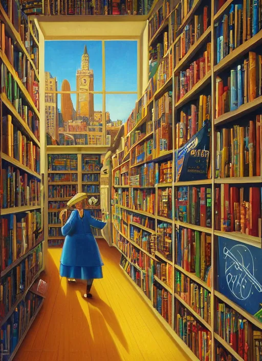 Prompt: a barnes and noble books, vintage shapes, retro technology, happy colors. rob gonsalves, oil on canvas, deep depth field, masterpiece, cinematic composition, hyperdetailed