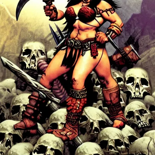 Image similar to female barbarian on a pile of skulls, surrounded by slain orcs, in style of frank frazetta