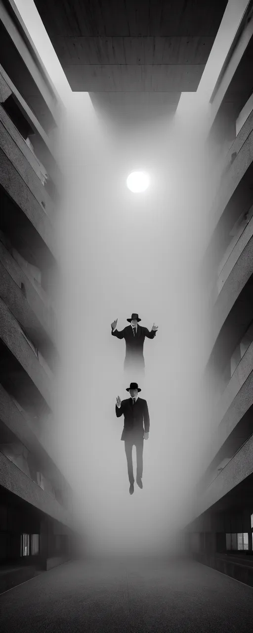 Prompt: Hyper Realistic Interior brutalist building, ((((a man with suit and hat Suspended in the air)))), Godrays at sunset, hard shadows, volumetric fog, Hyper realistic film photography, Zeiss 24mm f1.8, Hasselblad, insanely detailed