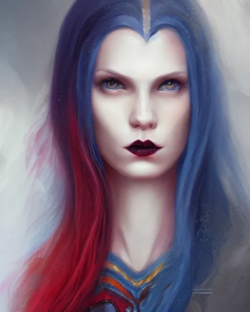 Image similar to A detailed matte oil on canvas head on symmetrical portrait of a distinguished elven woman with split red and blue hair on an empty background, by Charlie bowater, Wlop, trending on artstationhd, dungeons and dragons art, parted hair , half blue, half red , split dye, critical role