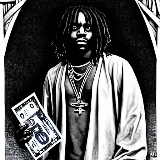 Image similar to highly accurate cheef keef rapper holding stacks of cash, biblical image, style of gustave dore, highly detailed, beautiful, high contrast, black and white