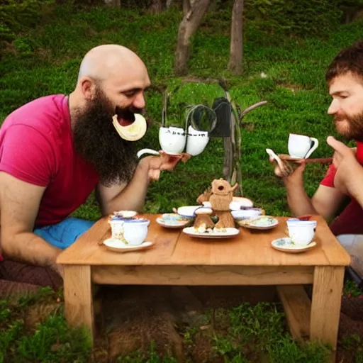 Prompt: small creatures having tea party in a humans beard.