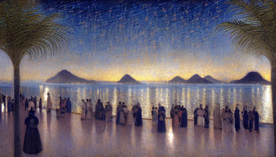 Image similar to a ultradetailed beautiful painting of the night sky of the rio de janeiro palace balustrade designed by jules bastien - lepage, tarsila do amaral, frank weston and gustave baumann, beach, trending on artstation, mediterranean, palm trees, sharp focus, lightning sparkles refraced lines, soft light, 8 k 4 k