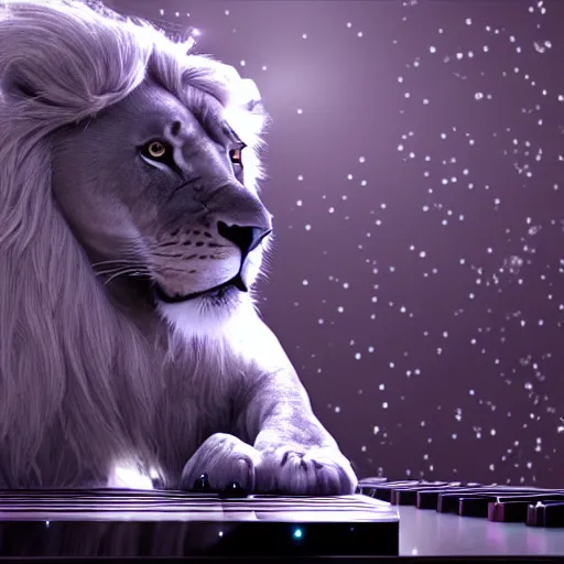 Prompt: a lion wearing a kings crown, playing a futuristic piano in space, ultra hd, 3d render