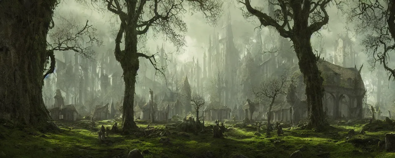 Image similar to a painting of a gothic medieval village in a mossy forest with giant trees, stunning intricate matte painting by senior environment artist, cgsociety, fantasy art