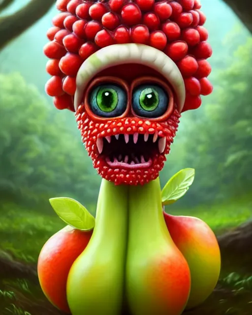 Prompt: portrait of a cute fruit figurine monster made of different fruit, standing in a forest, staring wide open eyes, open mouth, very detailed eyes, trees in the background, sunlight, oil painting, highly detailed, dramatic lighting, hyperrealistic, 8 k, smooth, intricate, artstation, cgsociety, by artgerm, by wlop
