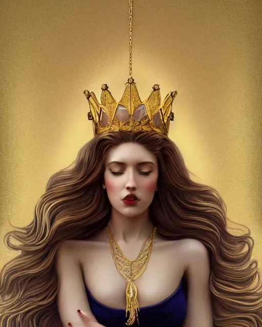 Image similar to a beautiful goldish woman, pinup pose, long hair, tall and thin, wearing dozens of pendants and a gown of gold, small delicate crown of the sea on her head, illustration, symmetry accurate features, volumetric light clouds, ultra realist soft painting, (art nouveau), octane render, 8k, HD, by Tom Bagshaw, Brom, Charlie Bowater, faces by otto schmidt